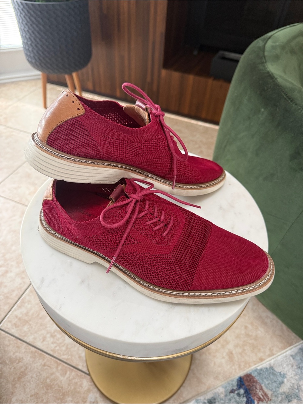 Alfani Alfatech Red Knit Lace-Up Sneakers with off white sole